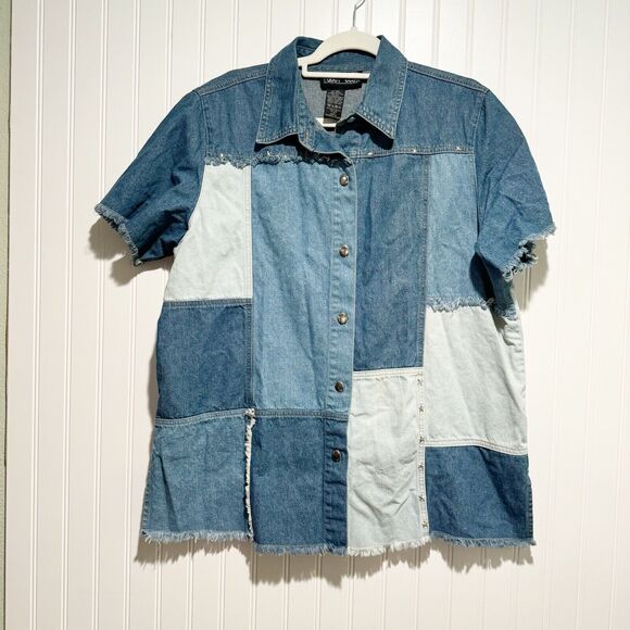 Vintage Tops - Vintage Denim Patchwork Western Shirt Star Studs Frayed Short Sleeve Size XL